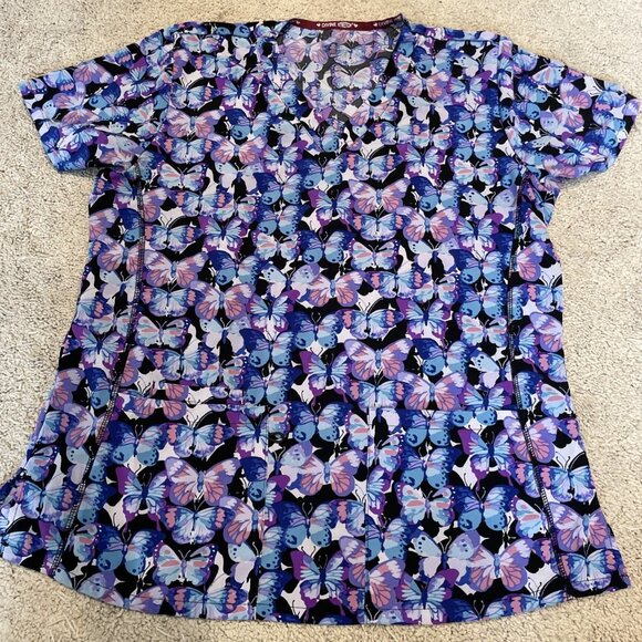 2 Divine Stretch Scrub Top Size M Multicolor Butterflies Pockets Medical Dental - Picture 7 of 12